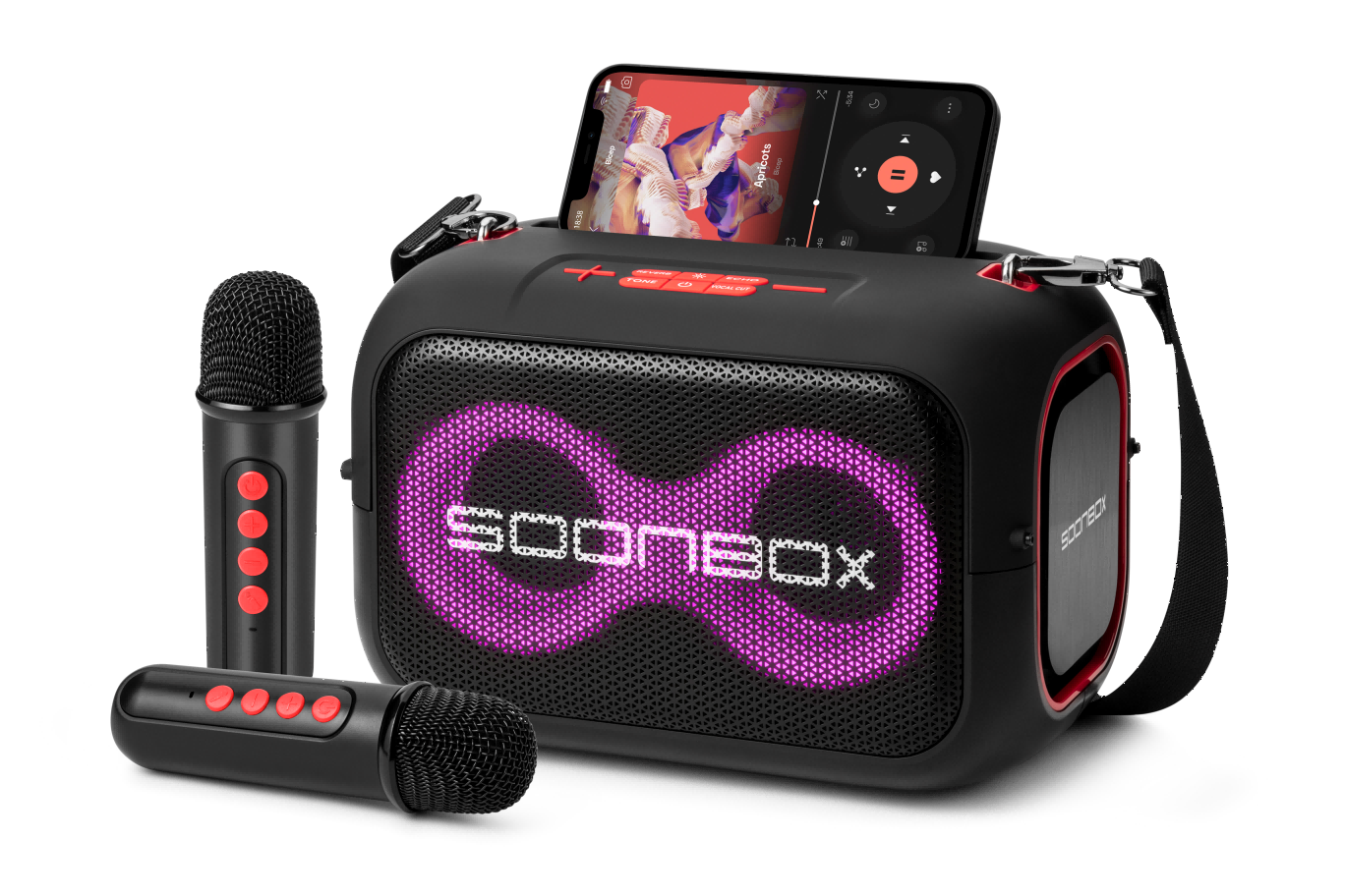 SOONBOX-S3000, Portable RGB Party Speaker with Shoulder Strap & Microphone | Dynamic Light Show